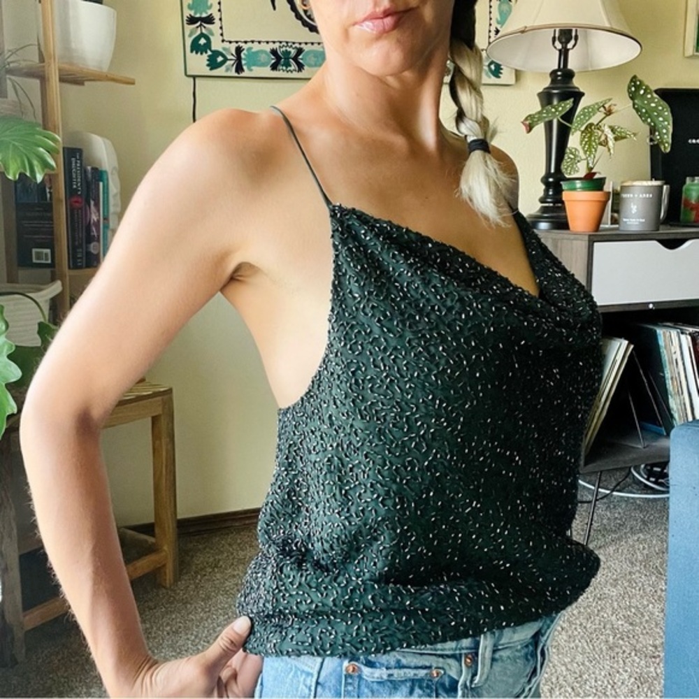 🦚NWT Haute Hippie Emerald Green 100% Silk Beaded TankTop Size M​